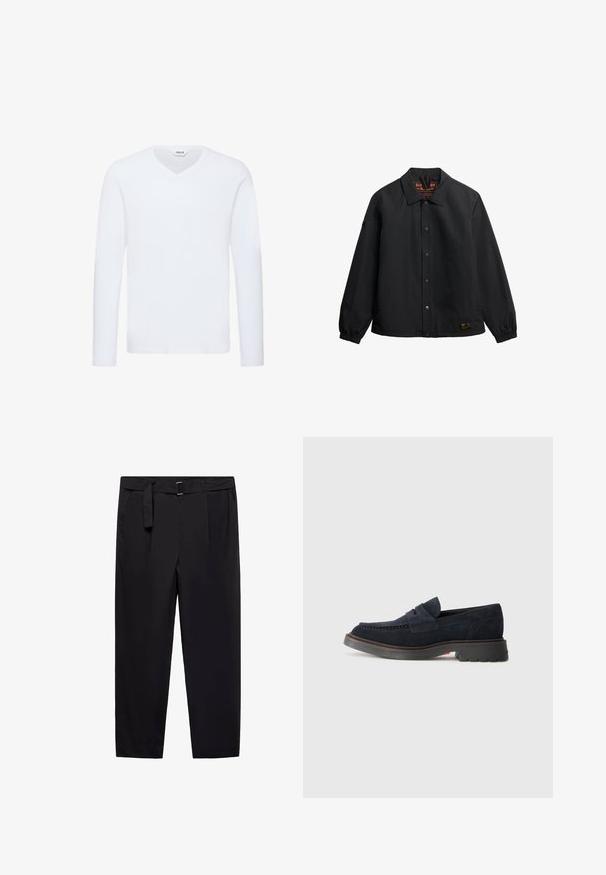 Zwarte jas met een kraag, drukknoopsluiting, elastische manchetten en een geprinte label aan de binnenkant. Glad stoffen textuur.; Witte lange mouwen V-hals t-shirt in een zachte katoenmix. Heeft een gladde textuur en een rechte zoom met minimale details.; Zwarte broeken met een rechte pasvorm, riemlussen en een afneembare riem. Glad stof met zijzakken en zonder zichtbare patronen of metalen onderdelen.; Navyblauwe suede instappers met een ronde neus, decoratieve stiksel en een rubberen zool met een lichte verhoging. Duurzaam materiaal en ontwerp.