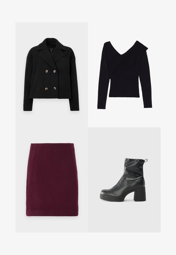 Fekete, dupla soros gyapjúkeverék zakó, nagy bézs gombokkal, hajtott gallérral és oldzsebekkel, rövidített fazonban.; Even&Odd Pulóver - black; Vero Moda VMFORTUNALLISON SHORT - A-vonalú szoknya - winetasting; Fekete bokacsizmák sima bőrből, oldalsó cipzárral, vastag, texturált sarkú és lekerekített orrú dizájnnal.