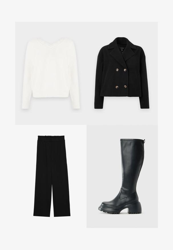Schwarze, doppelt-knöpfte Jacke aus Wollmischung, ausgestattet mit großen, beigen Knöpfen, einem geschlitzten Kragen und seitlichen Taschen in einem verkürzten Design.; Weißer Strickpullover mit V-Ausschnitt und Spitzensaum. Verfügt über lange Ärmel, gerippte Bündchen und einen leicht gekürzten Saum. Weicher, strukturierter Stoff.; Schwarze weit geschnittene Hose mit einem gerüschten Bund, ausgestattet mit zwei Seitentaschen und einem glatten, leichten Stoff. Keine sichtbaren Muster oder Beschläge.; Hoher schwarzer Lederstiefel mit einer robusten Plateausohle und Blockabsatz, der über eine Zuglasche und ein strukturiertes Profil an der Außensohle verfügt.
