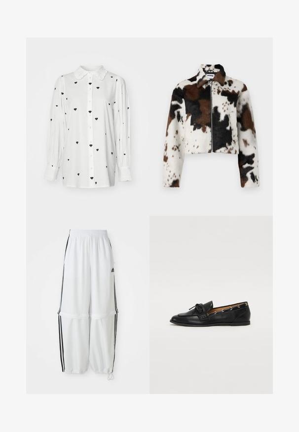 Cropped jacket made of soft fabric with a cow print pattern in white, brown, and black, featuring a front zip and a collar.; White button-up shirt with a ruffled collar and black heart patterns. Features long, slightly puffed sleeves and a straight cut.; White athletic pants with a relaxed fit, elastic waistband, and black side stripes. Features zipper pockets and elastic cuffs at the ankles.; Black leather loafers with a tied bow, featuring gold eyelet accents along the sides and a flat rubber sole. Smooth texture, classic design.