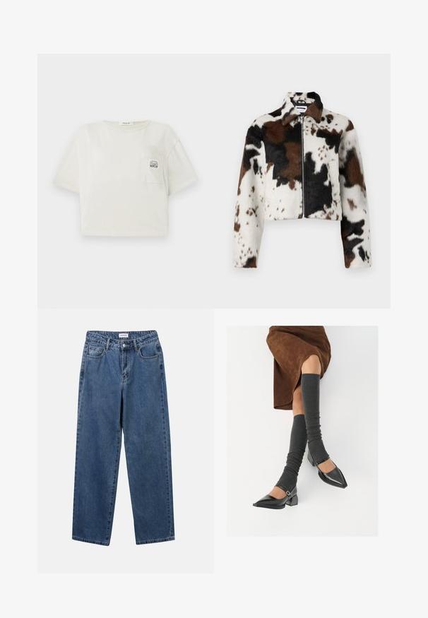Sammensnit jakke lavet af blødt stof med et cowprint mønster i hvid, brun og sort, med en frontlynlås og krave.; Kraftigt, kortærmet t-shirt i off-white bomuld. Har en brystlomme med et trykt logo og en rund halsudskæring. Glat tekstur.; Klassiske blå denimbukser med lige ben, fem lommer og knaplukning. Har en medium vask og en robust tekstur.; Sorte patenterede lædersko med spids tå, blokhæl og ankelrem, kombineret med grå ribbede benvarmere og en brun ruskinds nederdel.