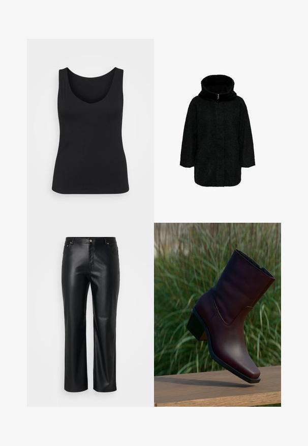 Čierny flísový kabát s kapucňou, so zipsom vpredu, vo voľnom strihu a štruktúrovanej tkanine. Rukávy sú široké a siahajú do polovice pažeráka.; Čierny bezrukávový top s výstrihom v tvare polkruhu, zobrazený na bielom pozadí, s dôrazom na jeho jednoduchý a univerzálny dizajn.; Čierne nohavice z imitácie kože so strihom do priamky, vybavené pútkami na opasok, prednými vreckami a zipsom s gombíkovým zapínaním. Hladká textúra.; Tmavohnedá kožená členková topánka s blokovým podpätkom leží na drevenom povrchu vonku, v pozadí s vysokou zelenou trávou.