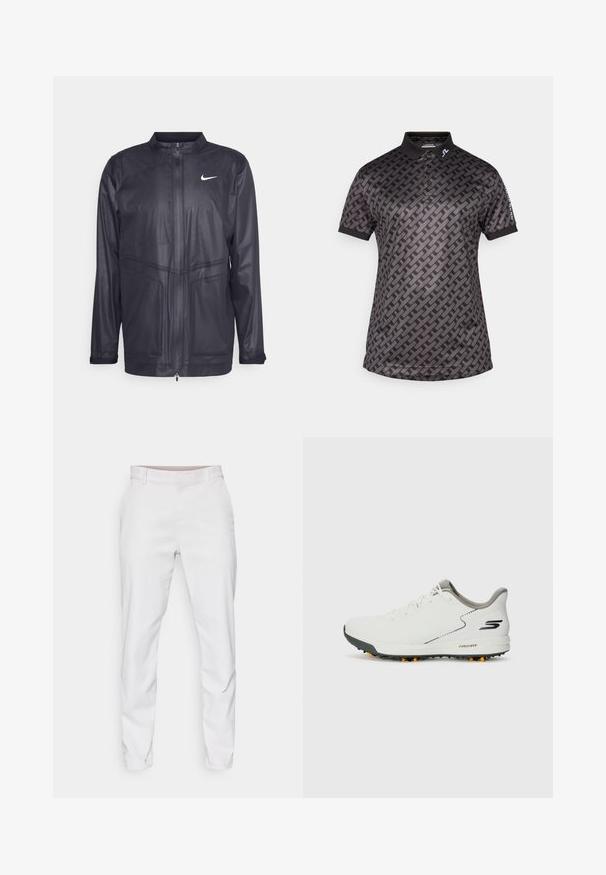 Svart Nike-jakke med ståkrage, glidelås og teksturert stoff med subtile paneldetaljer. Har en liten hvit logo på brystet.; J.LINDEBERG Sports TOUR TECH PRINT - Poloskjorter - tonal black; Hvite bukser med glatt stoff, slim fit-design og flat front. Ingen synlige lommer eller mønstre. Renslig kant ved anklene.; Hvit idrettssko med en glatt overdel, grå detaljer og en teksturert svart såle med oransje pigger. Lett design med fokus på komfort.