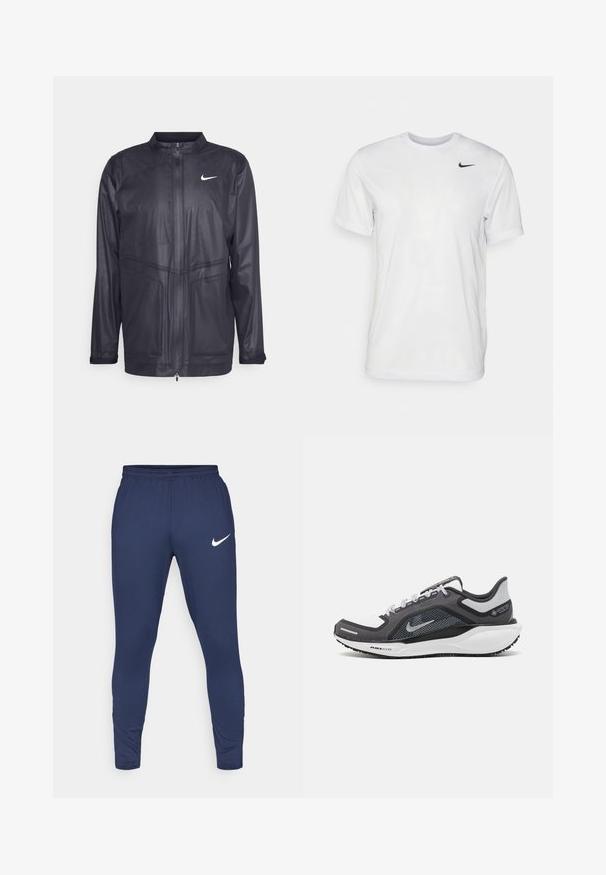 Melnā Nike jaka ar stāvu apkakli, rāvējslēdzēja aizdari un teksturētu audumu ar smalkām paneļu detaļām. Iekļauta neliela balta logo uz krūtīm.; Balts īsām piedurknēm T-krekls, kas izgatavots no gludas auduma. Tam ir apaļa kakla izgriezums un neliels melns Nike logo kreisajā krūtī.; Nike Performance STRIKE PANT - Treniņtērpa apakšdaļas - obsidian/white; Melnas un pelēkas sporta kurpes ar tīklu augšdaļu, atstarojošiem akcentiem un baltu starpzoli. Aprīkotas ar teksturētu gumijas zoli un šņorēm.