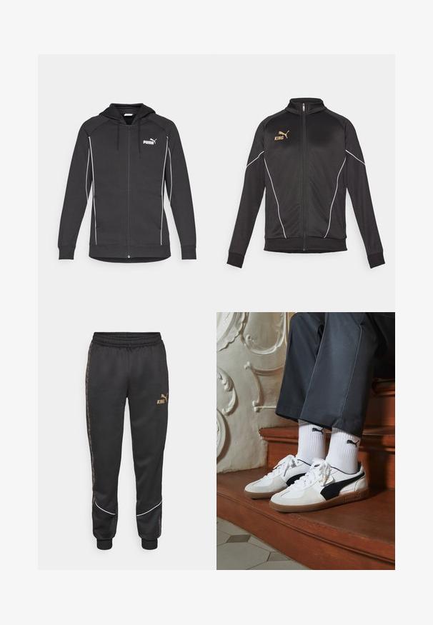 Blazer desportivo preto com detalhes em piping branco. Tem fecho éclair frontal, gola alta e texto do logótipo dourado no peito. O material é suave e elástico.; Sweatshirt preto com fecho, capuz com cordão, detalhes em branco e um logótipo da Puma no peito. Feito de um tecido atlético suave.; T-shirt preta de manga curta feita de tecido suave. Apresenta um logo dourado "KING" e um logo dourado da Puma na área do peito esquerdo.; Calças de sweat preto com cintura elástica, apresentando o texto dourado "KING", um logótipo PUMA, riscas laterais e pormenores brancos nos punhos.; Ténis Puma em camurça branca e preta, com uma sola de borracha castanha. Combinados com meias brancas exibindo um logótipo preto, usados com calças escuras.