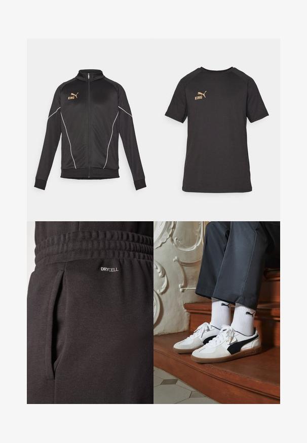 Sort sportsjakke med hvide piping-detaljer. Har lynlås foran, høj krave og guld-logo tekst på brystet. Materialet er glat og strækbart.; Sort t-shirt med korte ærmer lavet af blødt stof. Har et guld "KING" logo og et guld Puma logo på venstre brystområde.; Sorte athletic bukser lavet af tekstureret stof har en elastisk talje, sidelommer og et "DRYCELL" label nær lommen.; Puma sneakers i hvid og sort ruskind med en brun gummisål. Bæres med hvide sokker med et sort logo og mørke bukser.