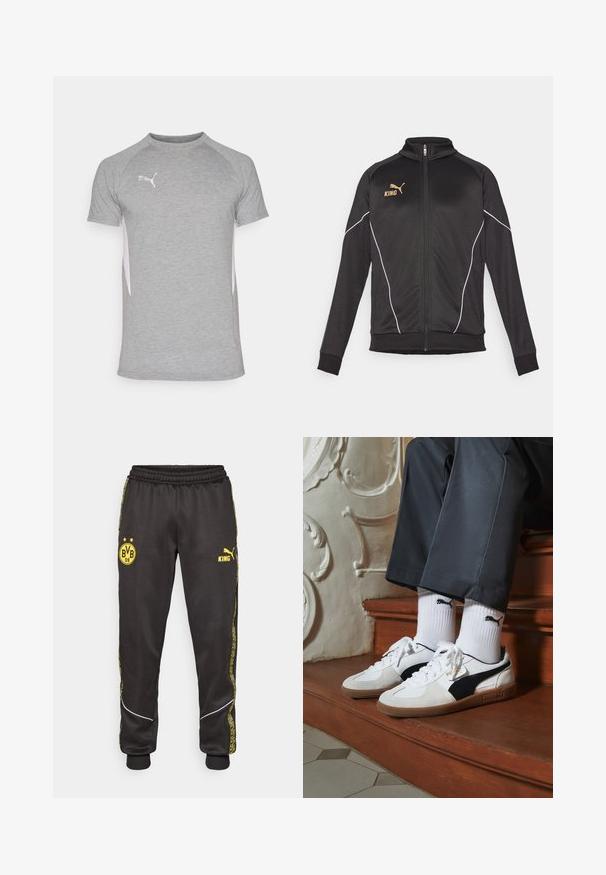 Black sports jacket with white piping accents. Features a zip front, high collar, and gold logo text on the chest. Material is smooth and stretchy.; Gray athletic t-shirt with short sleeves, featuring a crew neckline and white side panels. Logo on the upper left chest.; Black athletic pants with yellow Borussia Dortmund BVB 09 and Puma King logos, elastic waistband, and patterned yellow side stripes.; Puma sneakers in white and black suede, featuring a brown rubber sole. Paired with white socks displaying a black logo, worn with dark pants.