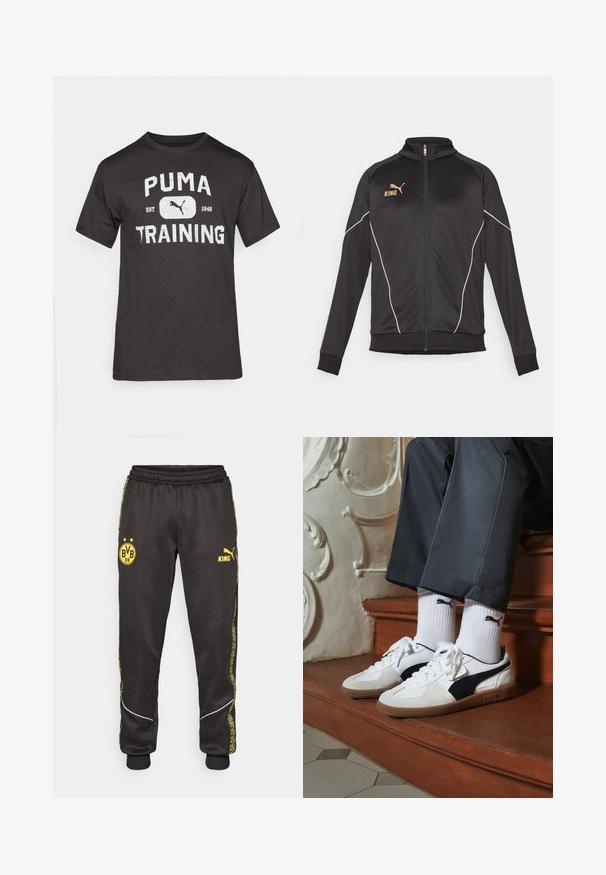 Sort sportsjakke med hvide piping-detaljer. Har lynlås foran, høj krave og guld-logo tekst på brystet. Materialet er glat og strækbart.; Sort bomulds T-shirt med korte ærmer med en stor hvid grafik, der står "PUMA TRAINING" samt Puma-logoet.; Sorte træningsbukser med gule Borussia Dortmund BVB 09 og Puma King logoer, elastisk talje, og mønstrede gule side-striber.; Puma sneakers i hvid og sort ruskind med en brun gummisål. Bæres med hvide sokker med et sort logo og mørke bukser.
