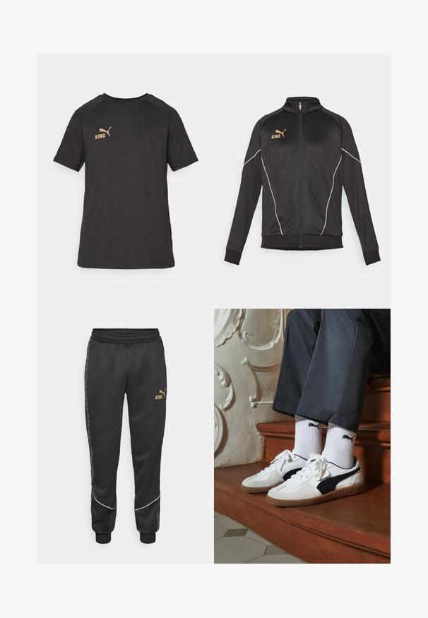 Juodas sportinis švarkas su baltais apvadų akcentais. Yra užtrauktukas priekyje, aukšta apykaklė ir auksinis logotipas ant krūtinės. Medžiaga yra lygi ir elastinga.; Juodas trumpas rankovėmis marškinėliai, pagaminti iš minkštos medžiagos. Ant kairės krūtinės pusės yra auksinis "KING" logotipas ir auksinis "Puma" logotipas.; Juodos sportinės kelnės su elastinga juosmeniu, turinčios auksinį užrašą "KING", PUMA logotipą, šonines juostas ir baltus akcentus ant rankovių.; Puma sportbačiai baltoje ir juodoje zomšo spalvų derinys, su rudu guminio pado apdaila. Derinama su baltais kojiniais, kuriuose pavaizduota juoda logotipas, dėvimi su tamsiomis kelnėmis.