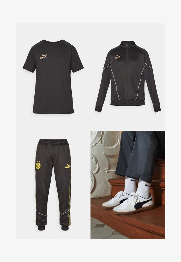 Jachetă sport neagră cu accente albe. Are un fermoar frontal, guler înalt și text de logo auriu pe piept. Materialul este neted și elastic.; Tricou negru cu mânecă scurtă, realizat dintr-un material moale. Prezintă un logo auriu "KING" și un logo auriu Puma în zona stângă a pieptului.; Pantaloni de trening negri cu logo-urile galbene Borussia Dortmund BVB 09 și Puma King, talie elastică și dungi laterale galbene cu model.; Adidași Puma din suede alb și negru, cu o talpă din cauciuc maro. Asortați cu șosete albe care au un logo negru, purtate cu pantaloni închiși la culoare.