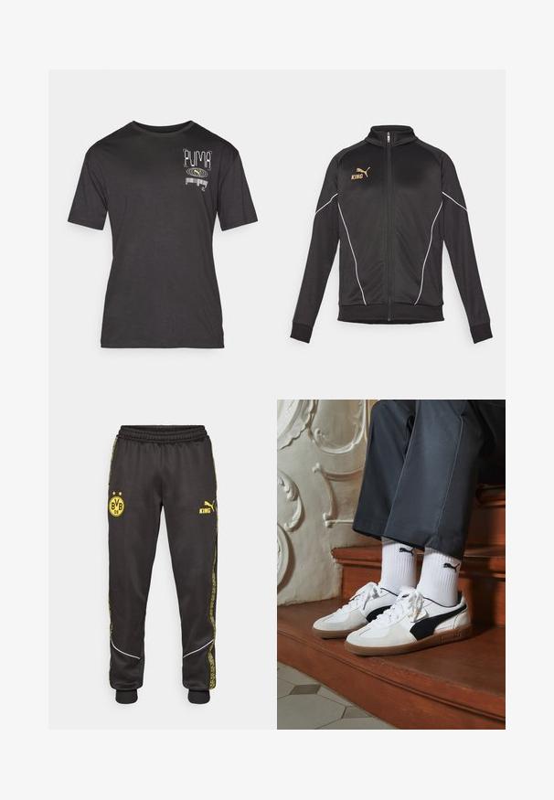 Svart sportjacka med vita pipingdetaljer. Har dragkedja framtill, hög krage och guldlogo-text på bröstet. Materialet är slätt och stretchigt.; Svart kortärmad t-shirt i bomull. Har en vit och neongul grafik på vänstra bröstet och rund halsringning.; Svarta träningsbyxor med gula Borussia Dortmund BVB 09 och Puma King-logotyper, elastisk midja och mönstrade gula sidosträck.; Puma-sneakers i vit och svart mocka, med en brun gummisula. Kombinerade med vita strumpor som visar upp en svart logotyp, bärs tillsammans med mörka byxor.