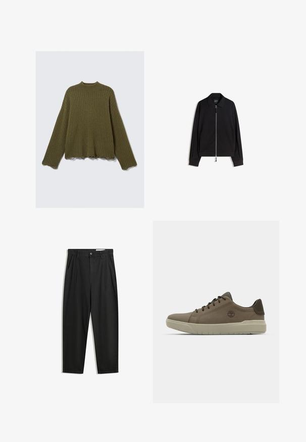 Giacca nera con zip, colletto piatto, maniche lunghe e vestibilità slim. Presenta una zip metallica e una texture sottile.; Maglione a maniche lunghe di colore verde oliva a costine con bordi grezzi e sfrangiati su polsini e orlo, sistemato su uno sfondo bianco.; Pantaloni in cotone neri con una vestibilità rilassata, dotati di una vita classica, pieghe frontali e tasche laterali. Tessuto liscio senza fantasie.; Sneakers in pelle marrone con profilo basso, suola in gomma e dettagli verdi; presentano il logo sul lato e pannelli testurizzati per una migliore aderenza.