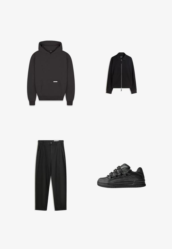 Veste zippée noire avec un col plat, des manches longues et une coupe slim. Elle est dotée d'une fermeture éclair métallique et d'une texture subtile.; Sweatshirt noir avec capuche, poche avant, poignets et ourlet côtelés. Fabriqué en tissu doux avec une étiquette sur la poche. Design minimaliste.; Pantalon en coton noir avec une coupe décontractée, dotés d'une taille classique, de plis à l'avant et de poches latérales. Texture lisse sans motifs.; Baskets noires avec une tige en cuir lisse, des accents texturés et des lacets ronds noir et blanc. Semelle en caoutchouc épaisse avec un motif de semelle.