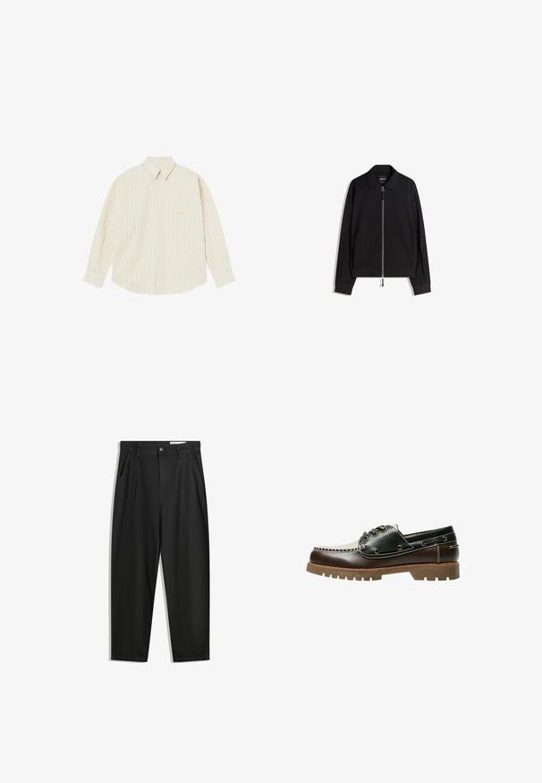 Sort zip-up jakke med flad krave, lange ærmer og slim fit. Har en metal lynlås og subtil tekstur.; Lyscremet skjorte med knapper og tynde lodrette striber. Har spidse kraver, lange ærmer og et lille broderet logo på brystlommen.; Sorte bomuldsbukser med en afslappet pasform, der har en klassisk talje, frontfolder og sidelommer. Glat tekstur uden mønstre.; Brun og sort læder bådsko med snørebånd, kontrastsyning og en struktureret gummisål. Har metalhuller og rundet tå.