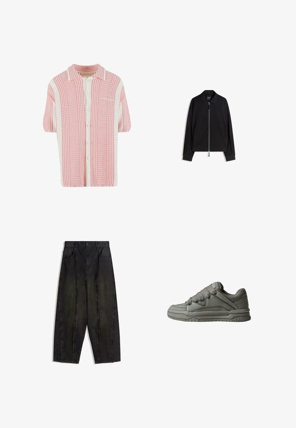 Musta vetoketjullinen takki, jossa on litteä kaulus, pitkät hihat ja muotoilu, joka on kapea. Varustettu metallivetoketjulla ja hienovaraisella tekstuurilla.; Lyhythihainen neulekartigan, jossa on vaaleanpunaservalkearaidoitus, kaulus ja etupainonappikiinnitys. Pehmeä, teksturoidut kangas.; Mustat leveälahkeiset farkut, joissa on näkyvät saumat ja rispaantuneet reunat. Niissä on kaksi etutaskua ja korkea vyötärö.; Harmaa urheilukenkä, jossa on tekstiilipintainen nahka- ja verkko-yläosa, paksu kumipohja sekä voimakkaasti pehmustettu kieli ja sivut. Kengissä on nauhat ja sivukorostukset.