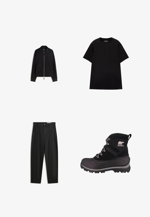 Crna zip jakna s ravnim ovratnikom, dugim rukavima i uskim krojem. Ima metalni zatvarač i suptilan teksturirani uzorak.; PULL&BEAR JOIN LIFE - Osnovna majica kratkih rukava - black; Crne pamučne hlače s opuštenim krojem, s klasičnim pojasom, prednjim nabranjima i bočnim džepovima. Glatka tekstura bez uzoraka.; Crne zimske čizme s teksturiranim nubuk gornjim dijelom, gumeni potplat, metalna detalja i logo. Imaju visoki okovratnik i čvrsti sustav vezanja.