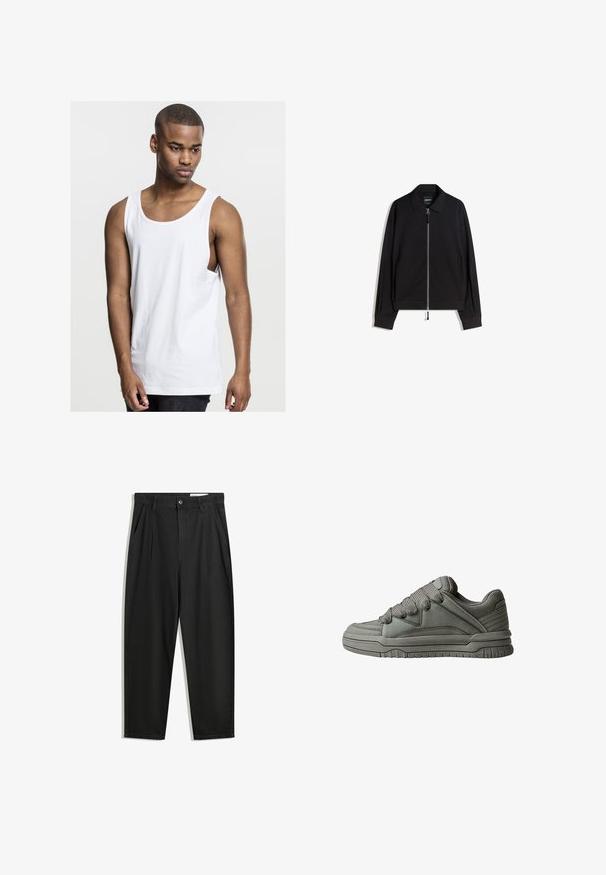 Crna zip jakna s ravnim ovratnikom, dugim rukavima i uskim krojem. Ima metalni zatvarač i suptilan teksturirani uzorak.; Bijela pamučna majica bez rukava s okruglim izrezom, opuštenog kroja i bočnim šavovima. Glatka tekstura, standardne dužine, pogodna za svakodnevno nošenje.; Crne pamučne hlače s opuštenim krojem, s klasičnim pojasom, prednjim nabranjima i bočnim džepovima. Glatka tekstura bez uzoraka.; Sivi atletski model cipela s teksturiranom kožom i mrežastim gornjim dijelom, debelim gumenim potplatom te istaknutim podstavljenim jezikom i stranama. Uključene vezice i bočni dodaci.