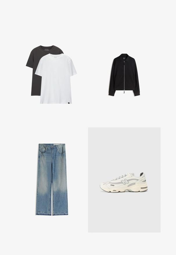 Zwarte ritsjack met een platte kraag, lange mouwen en een slim fit. Voorzien van een metalen rits en een subtiele textuur.; Twee reguliere T-shirts: één zwart en één wit, gemaakt van zachte katoen. Elk shirt heeft een ronde hals en korte mouwen zonder patronen.; Lichtblauwe denim wijde jeans met een vervaagde wassing, voorzien van twee voorzakken, een knoopsluiting en een rechte snit met schone zomen.; Witte sneakers met mesh en synthetische overlays, met een prominente N-logo, grijze accenten en een dikke rubberen zool. Model 1000.