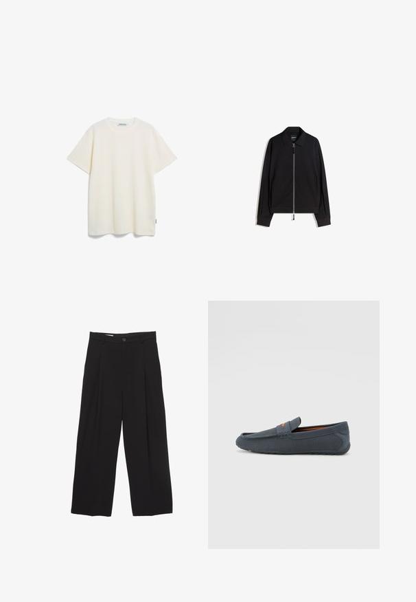 Schwarze Zip-Jacke mit flachem Kragen, langen Ärmeln und slim fit. Mit einem metallischen Reißverschluss und subtiler Textur.; ARMEDANGELS MAARKOS WAFFLE - T-Shirt basic - oatmilk; Schwarze weit geschnittene Hose aus glattem Stoff, mit flachem Taillenbund, vorderen Falten und einer einzigen Knopfverschlus.; Graue durchbrochene Slipper mit einem Schlupfdesign, featuring einem orangen Akzent, runder Zehenform und strukturiertem Gummisohle.