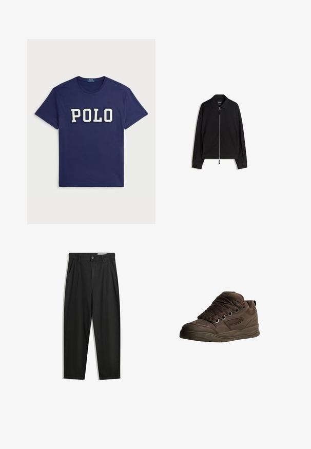 Svart zip-up jacka med platt krage, långa ärmar och slim fit. Har en metallisk dragkedja och subtil struktur.; Mörkblå t-shirt i bomull med en stor "POLO"-grafik i vitt, rund halsringning och korta ärmar.; Svarta bomullsshorts med avslappnad passform, med en klassisk midja, framveck och sidfickor. Slät textur utan mönster.; Bruna sportskor gjorda av slät syntetiskt material. Har tjocka snören, meshlinjer, vadderad krage och texturerad gummisula.