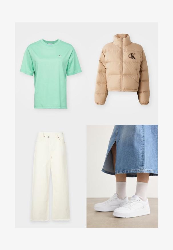 Jachetă puffer scurtă de culoare bej, cu guler înalt, închidere cu fermoar și logo-ul brodat "ck" în brun pe piept. Confecționată din material moale, căptușit.; Tricou din bumbac de culoare verde deschis, cu mâneci scurte și guler rotund, având un mic logo brodat pe partea stângă a pieptului.; Jeans largi, de culoare crem, din denim, având talie înaltă, cinci buzunare și o margine brută pentru un fit confortabil.; Adidași albi din piele texturată, cu talpă platformă, vârf rotund și sistem de șireturi; asortați cu șosete gri deschis și o fustă din denim.