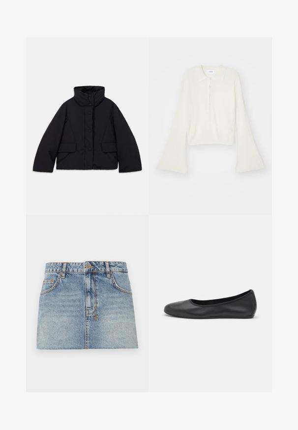 Īss melns pūkains mētelis ar augstu apkakli, kuram ir priekšējā pogu aizdare un divas sānu kabatas, izgatavots no gludas, siltinātas auduma.; Rudmāta, krēmkrāsas polo krekls ar garām, zvana formu piedurknēm un piecu pogu aizdari. Iespējas ietver mīksta tekstūra apkakli.; Gaiši zila džinsa mini svārki ar pieguļošu jostu, priekšējo pogu aizdari un divām sānu kabatām. Iezīmē neapstrādātas maliņas un kontrastējošus šuvuma akcentus.; Melna ādas baleta kurpe ar noapaļotu purngalu, gludu tekstūru, minimālu šuvju detalizāciju un elastīgu zoles dizainu.