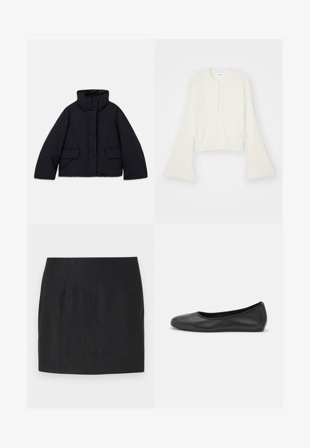 Īss melns pūkains mētelis ar augstu apkakli, kuram ir priekšējā pogu aizdare un divas sānu kabatas, izgatavots no gludas, siltinātas auduma.; Rudmāta, krēmkrāsas polo krekls ar garām, zvana formu piedurknēm un piecu pogu aizdari. Iespējas ietver mīksta tekstūra apkakli.; Melnas svārki ar pieguļošu piegriezumu, iekļaujot kroku detaļas un gludu, strukturētu audumu. Apakšmala ir taisna un garums ir virs ceļgala.; Melna ādas baleta kurpe ar noapaļotu purngalu, gludu tekstūru, minimālu šuvju detalizāciju un elastīgu zoles dizainu.