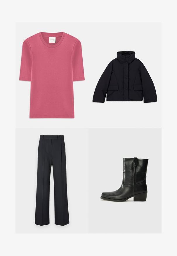 Lyhyt musta untuvapuku korkean kauluksen kanssa, jossa on etupainikkeet ja kaksi sivutaskua, valmistettu sileästä, eristetyistä kankaista.; Raitaleva, kerma värinen polo-paita pitkillä, levenevillä hihoilla ja viiden napin listalla. Varustettu pehmeätekstuurisella kauluksella.; Lyhythihainen T-paita pehmeää vaaleanpunaista puuvillaa, pyöreällä pääntiellä. Reunuksissa ompeluaskelia ja suora leikku.; Tummansiniset raidalliset housut, joissa on korkea vyötärö, leveät lahkeet ja ei näkyviä metalliosia tai koristeita. Sileä pinta ja räätälöity istuvuus.; Musta nahkasaapas nilkkamittaisella varrella, pyöreällä kärjellä, lohkarekorolla, sivuvetoketjulla ja ompeluaksentilla varren yläosassa. Suora pinta, klassinen muotoilu.