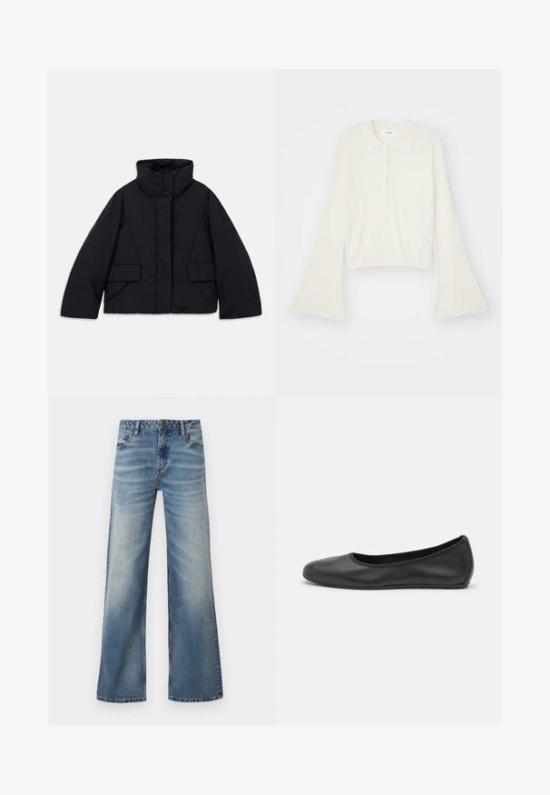 Supjaustyta juoda pūkinė striukė su aukštu apykakle, turinti priekinį mygtukų užsegimą ir dvi šonines kišenes, pagaminta iš lygaus, šiltinamo audinio.; Ribotas, kreminės spalvos polo marškinėliai su ilgomis, platėjančiomis rankovėmis ir penkiais sagų užsegimais. Apykaklė turi švelnų tekstūrą.; Šviesiai mėlynos plačios kojos džinsai, pagaminti iš džinsinio audinio. Savybės: klasikinis penkių kišenių dizainas, matoma siuvinėjimo linija ir nuplautas efektas, suteikiantis papildomą tekstūrą.; Juodai odiniai baletai su apvaliu pirštu, lygi texture, minimalus siuvimo detales ir lanksčiu padų dizainu.