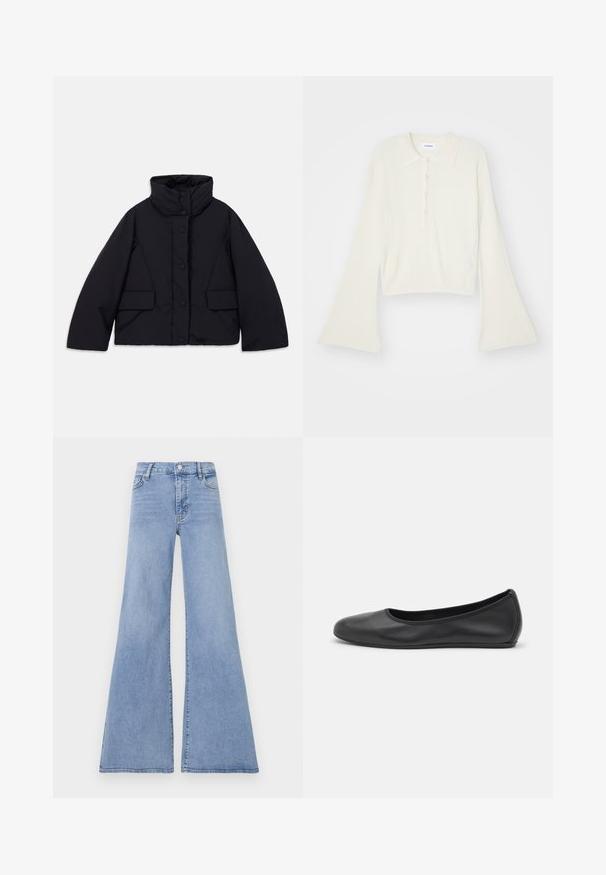 Gekürzte schwarze Daunenjacke mit hohem Kragen, ausgestattet mit einer Frontknopfleiste und zwei seitlichen Taschen, aus glattem, isoliertem Material gefertigt.; Geripptes, cremefarbenes Polohemd mit langen, ausladenden Ärmeln und einer Knopfleiste mit fünf Knöpfen. Verfügt über einen Kragen mit einer weichen Textur.; Helle blaue Baikhosen aus Denim, mit hoher Taille, einem Five-Pocket-Design und dezenten Nähten entlang der Säume.; Schwarze Leder-Ballettschuhe mit abgerundeter Spitze, glatter Textur, minimalen Nähdetails und einem flexiblen Sohlen-Design.