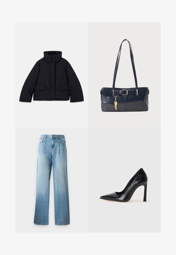 Jachetă puf neagră, decupată, cu guler înalt, având închidere cu butoni în față și două buzunare laterale, fabricată dintr-un material neted și izolat.; Tricou polo cu nervuri, de culoare crem, cu mâneci lungi și evazate, și clapetă cu cinci nasturi. Prezentă un guler cu o textură moale.; Jeans din denim de culoare albastru deschis, cu o croială lejeră, picioare drepte și broderii subtile. Au un design tradițional cu cinci buzunare și bucle pentru curea.; Pantofii cu toc înalt, ascuțiți, de culoare neagră, cu textură de piele de crocodil, având un design elegant, toc în stil stiletto și interior neted de culoare neagră.; Geantă de piele bleumarin cu două mânere lungi, detaliu cu cataramă și un breloc atașat. Are o textură netedă și o formă rectangulară.