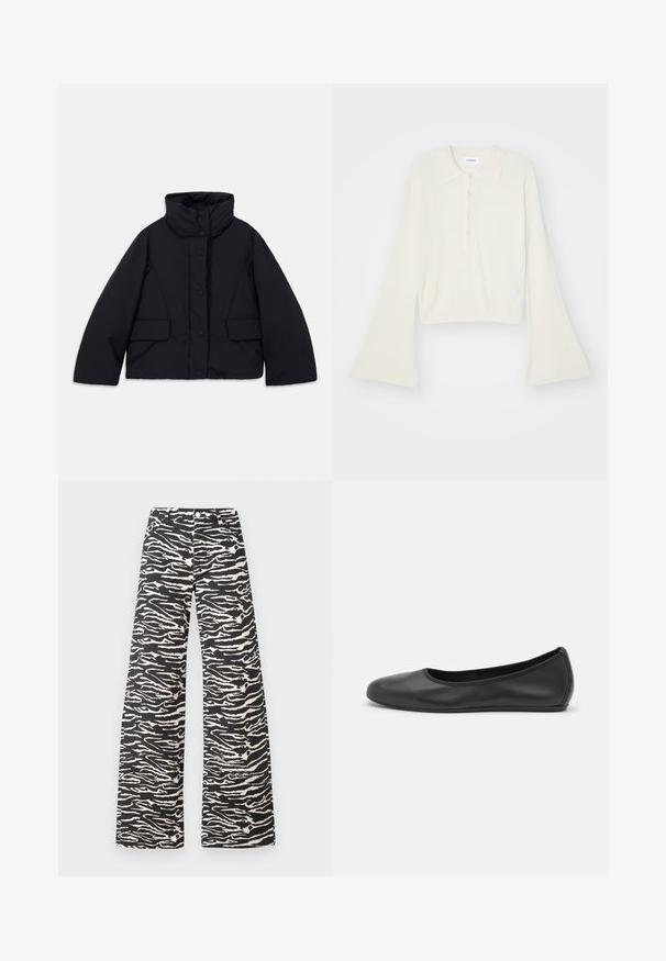 Lühi must puffer-jakk kõrge kaelusega, millel on esiküljel nööbid ja kaks küljetaskut, valmistatud siledast isoleerivast kangast.; Kortsirkli, kreemivärvi polosärk, millel on pikad, laiendatud varrukad ja viis nööpi. Omab pehme tekstuuriga kraed.; Laiad püksid musta ja kreemika zebra triibumustriga. Valmistatud tekstureeritud kangast, klassikalise vöökoha ja ees olevate taskutega.; Musthave mustika tantsutossud mustast nahast, ümmarguse varbaga, siledast tekstuurist, minimaalse õmblusdetailiga ja paindliku tallakujundusega.