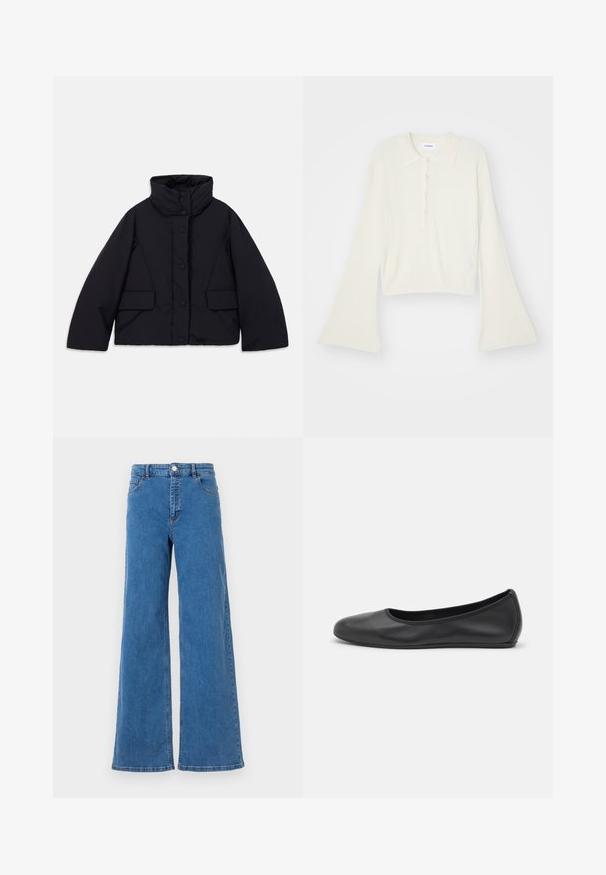 Īss melns pūkains mētelis ar augstu apkakli, kuram ir priekšējā pogu aizdare un divas sānu kabatas, izgatavots no gludas, siltinātas auduma.; Rudmāta, krēmkrāsas polo krekls ar garām, zvana formu piedurknēm un piecu pogu aizdari. Iespējas ietver mīksta tekstūra apkakli.; Platas kāju zilo džinsu bikses ar augstu jostasvietu, priekšējiem kabatām un pogu aizdari. Audumam ir gluda tekstūra un klasiska dūriena raksts.; Melna ādas baleta kurpe ar noapaļotu purngalu, gludu tekstūru, minimālu šuvju detalizāciju un elastīgu zoles dizainu.