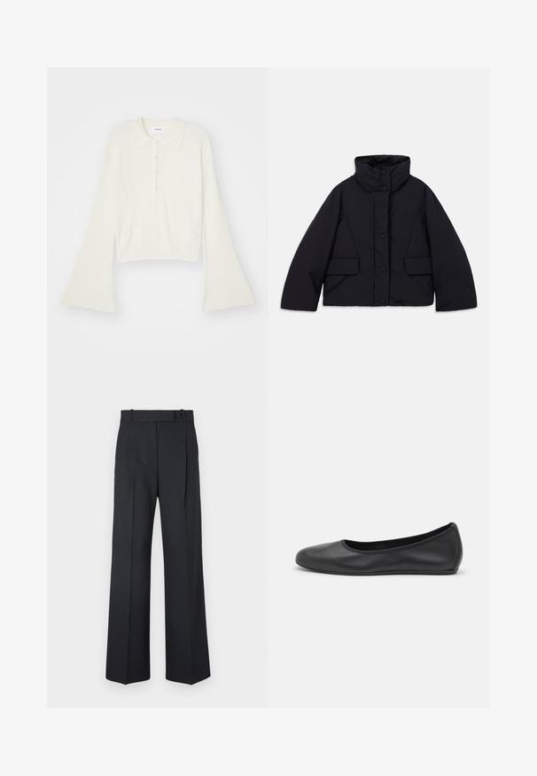 Lyhyt musta untuvapuku korkean kauluksen kanssa, jossa on etupainikkeet ja kaksi sivutaskua, valmistettu sileästä, eristetyistä kankaista.; Raitaleva, kerma värinen polo-paita pitkillä, levenevillä hihoilla ja viiden napin listalla. Varustettu pehmeätekstuurisella kauluksella.; Tummansiniset raidalliset housut, joissa on korkea vyötärö, leveät lahkeet ja ei näkyviä metalliosia tai koristeita. Sileä pinta ja räätälöity istuvuus.; Musta nahkainen ballerina, jossa on pyöristetty kärki, sileä pinta, minimaalinen ommelkoristelu ja joustava pohjamuotoilu.