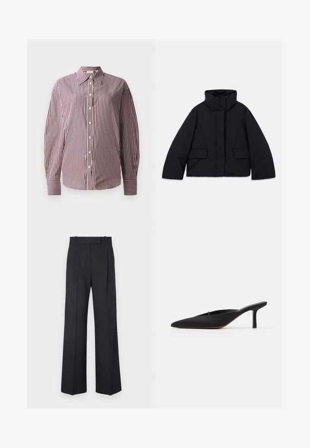 Geknipte zwarte donsjack met hoge kraag, voorzien van een sluiting met knopen aan de voorkant en twee zijzakken, gemaakt van glad, geïsoleerd materiaal.; Langsleeve overhemd met een maroon en witte verticale streeppatroon, voorzien van een klassieke kraag en manchetmouwen.; Donkerblauwe pinstriped broek met een hoge taille, wijde pijpen en zonder zichtbare hardware of versieringen. Glad textuur en nauwkeurige pasvorm.; Zwarte muiltje met spitse neus en een strak ontwerp, gemaakt van gladde stof, met een slanke hak en open achterkant voor gemakkelijk aan- en uittrekken.