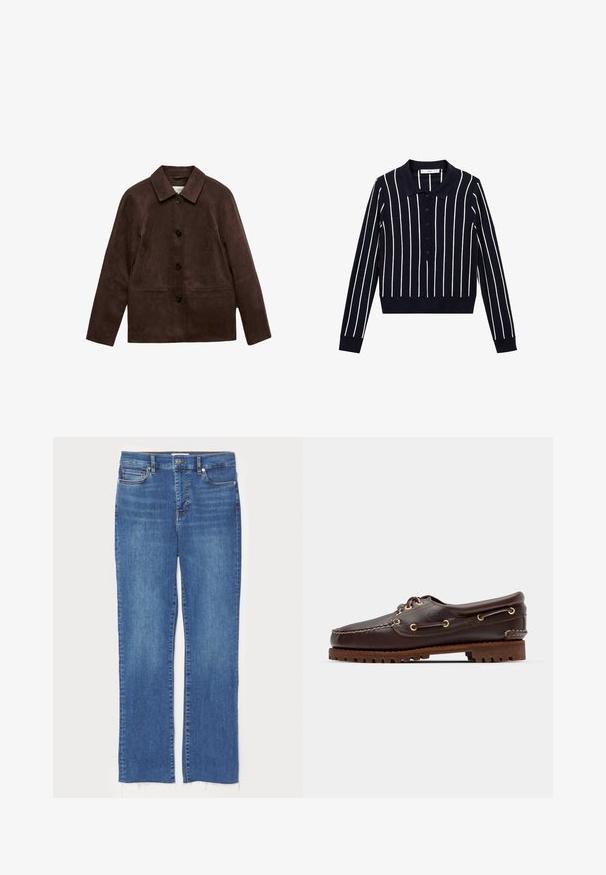 Brązowa kawałek zamszowa kurtka z czterema czarnymi guzikami, długimi rękawami i dwiema przednimi kieszeniami, z klasycznym kołnierzem.; Granatowa polo z długim rękawem, ozdobiona białymi pionowymi paskami, z kołnierzykiem i zapinana na guziki. Dopasowany krój z ściągaczami przy mankietach.; Niebieskie dżinsy o prostym kroju, z zapięciem na guzik i zamek błyskawiczny, pięcioma kieszeniami oraz postrzępionymi brzegami u dołu.; Brązowe skórzane buty w stylu boat shoe z złotymi oczkami, okrągłymi sznurowadłami oraz teksturowaną brązową gumową podeszwą. Zawierają przeszycia i wypukłe logo.