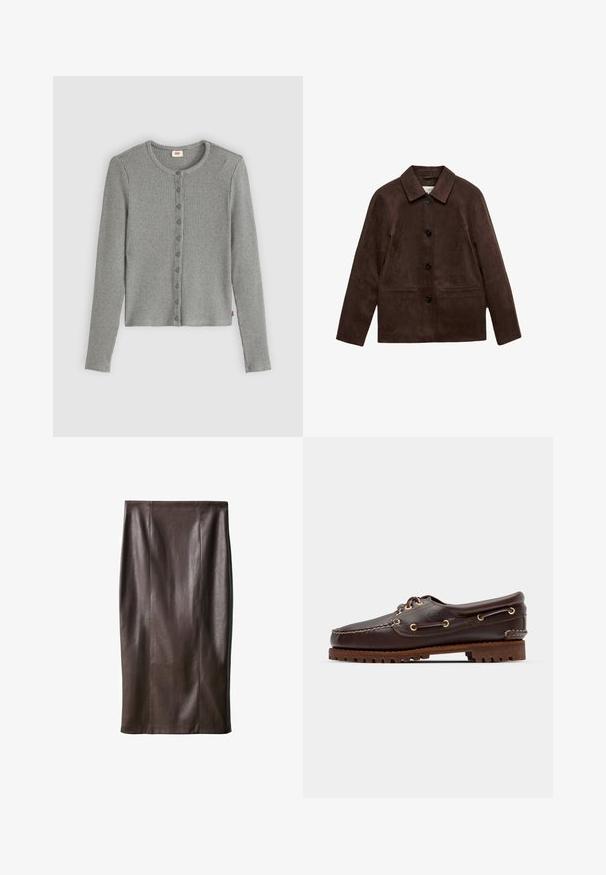 Bruine suède jas met vier zwarte knopen, lange mouwen en twee voorste weltdoeken, met een klassieke kraag.; Grijze geribde cardigan met lange mouwen, ronde halslijn en knoopsluiting aan de voorkant. Zachte textuur met een getailleerde pasvorm en subtiele merkembleem.; Bruine leren kokerrok met een gladde textuur, knie-lang, met verticale naden voor het ontwerp. Geen extra hardware of accenten.; Bruine leren bootsschoen met gouden oogjes, ronde veters en een gestructureerde bruine rubberen zool. Kenmerkt zich door gestikte details en een verhoogd logo.