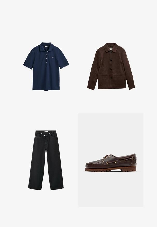 Braune Wildlederjacke mit vier schwarzen Knöpfen, langen Ärmeln und zwei vorderen Paspeltaschen, ausgestattet mit einem klassischen Kragen.; Navyblaues Polohemd aus Baumwolle mit klassischem Kragen, drei Knöpfen und kleinem Logo auf der Brust gestickt.; Hochtaillierte schwarze Denim-Jeans im weiten Bein-Design, im Fünf-Taschen-Stil, mit silberner Metallbeschläge vorne zum Schließen.; Braune Lederbootsschuhe mit goldenen Ösen, runden Schnürsenkeln und einer strukturierten braunen Gummisohle. Verfügt über genähte Details und ein erhabenes Logo.