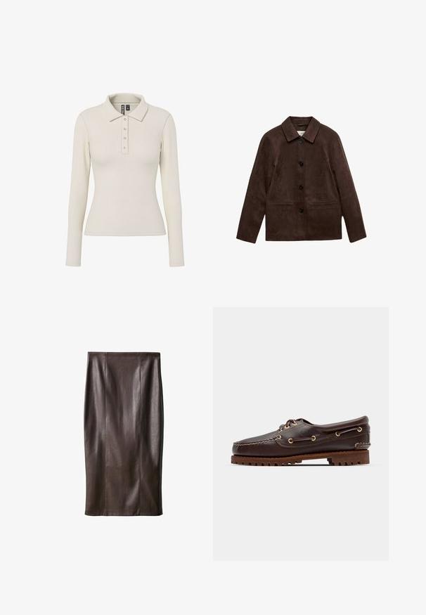 Braune Wildlederjacke mit vier schwarzen Knöpfen, langen Ärmeln und zwei vorderen Paspeltaschen, ausgestattet mit einem klassischen Kragen.; Langärmliges Polohemd aus cremefarbigem Rippstoff mit einem Kragen und fünf metallischen Knöpfen an der Vorderseite. Figurbetontes Design.; Brauner Leder-Bleistiftrock mit glatter Textur, knielang, mit vertikalen Nähten zur Gestaltung. Keine zusätzlichen Beschläge oder Akzente.; Braune Lederbootsschuhe mit goldenen Ösen, runden Schnürsenkeln und einer strukturierten braunen Gummisohle. Verfügt über genähte Details und ein erhabenes Logo.