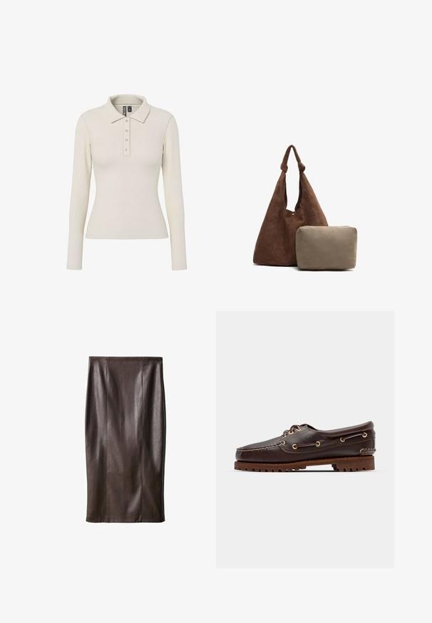 Hnědá semišová bunda se čtyřmi černými knoflíky, dlouhými rukávy a dvěma předními kapsami s welt, s klasickým límcem.; Poloko s dlouhými rukávy v off-white jemně žebrované látce s límečkem a pěti kovovými knoflíky vpředu. Přiléhavý střih.; Hnědá kožená sukně na tužku se hladkou strukturou, délka po kolena, s vertikálními švy pro design. Žádné další kovové prvky nebo akcenty.; Hnědé kožené lodní boty se zlatými očky, kulatými tkaničkami a texturovanou hnědou gumovou podrážkou. Obsahují zašitý detail a vyvýšené logo.; Hnědá semišová taška přes rameno s uzlovým popruhem, obsahující malou béžovou zipovou kapsičku. Taška má měkkou texturu a jednoduchý design.