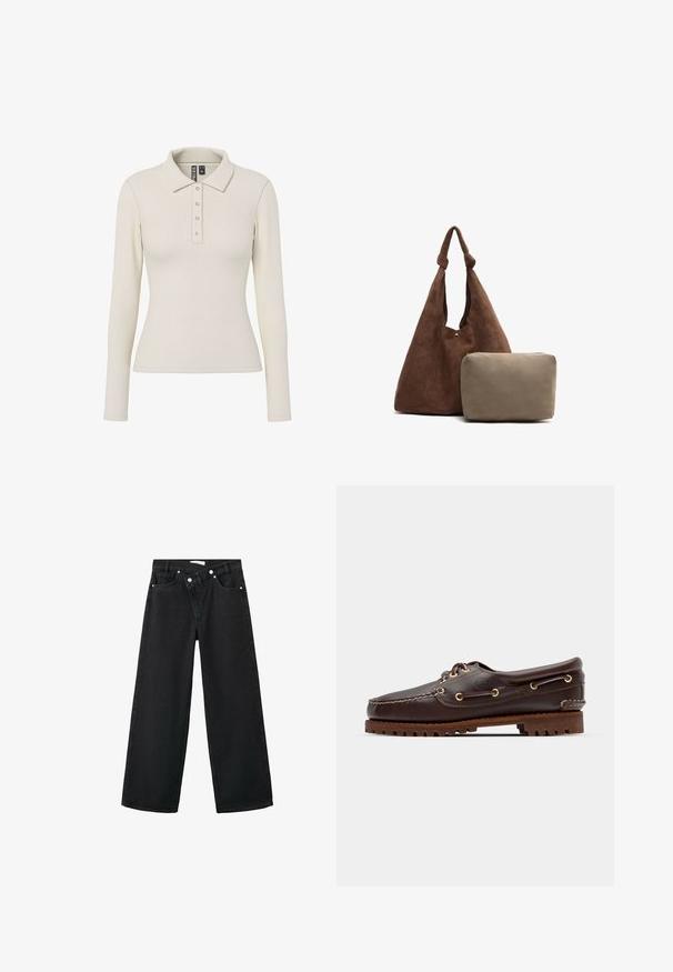 Hnědá semišová bunda se čtyřmi černými knoflíky, dlouhými rukávy a dvěma předními kapsami s welt, s klasickým límcem.; Poloko s dlouhými rukávy v off-white jemně žebrované látce s límečkem a pěti kovovými knoflíky vpředu. Přiléhavý střih.; Černé džíny s vysokým pasem a širokými nohavicemi, pět kapsami a stříbrným kovovým zapínáním vpředu.; Hnědé kožené lodní boty se zlatými očky, kulatými tkaničkami a texturovanou hnědou gumovou podrážkou. Obsahují zašitý detail a vyvýšené logo.; Hnědá semišová taška přes rameno s uzlovým popruhem, obsahující malou béžovou zipovou kapsičku. Taška má měkkou texturu a jednoduchý design.