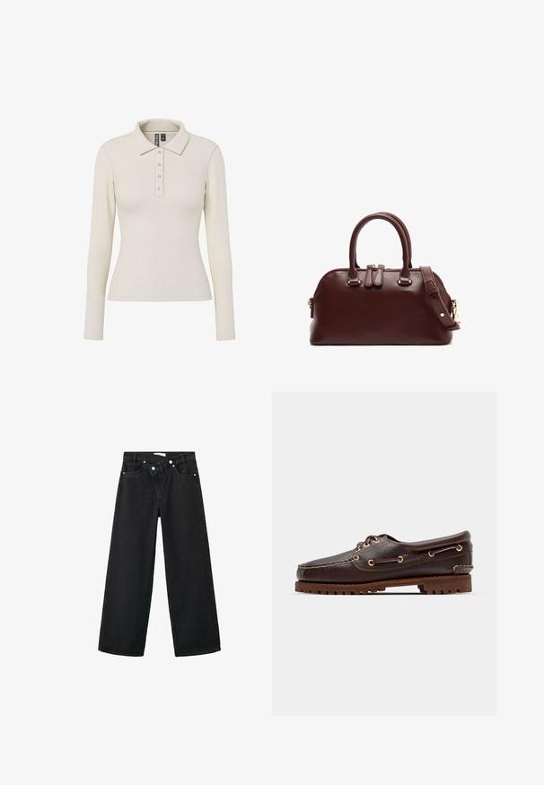 Brązowa kawałek zamszowa kurtka z czterema czarnymi guzikami, długimi rękawami i dwiema przednimi kieszeniami, z klasycznym kołnierzem.; Polo z długim rękawem w odcieniu off-white z żeberkowanej tkaniny, z kołnierzykiem i pięcioma metalowymi guzikami z przodu. Dopasowany fason.; Czarne dżinsy z wysokim stanem o szerokich nogawkach, pięciokieszeniowe, z metalowym srebrnym zapięciem z przodu.; Brązowe skórzane buty w stylu boat shoe z złotymi oczkami, okrągłymi sznurowadłami oraz teksturowaną brązową gumową podeszwą. Zawierają przeszycia i wypukłe logo.; Burgundowa skórzana torebka z podwójnymi uchwytami, odpinanym paskiem na ramię, złotymi akcentami i zaokrąglonym kształtem. Zamek błyskawiczny.