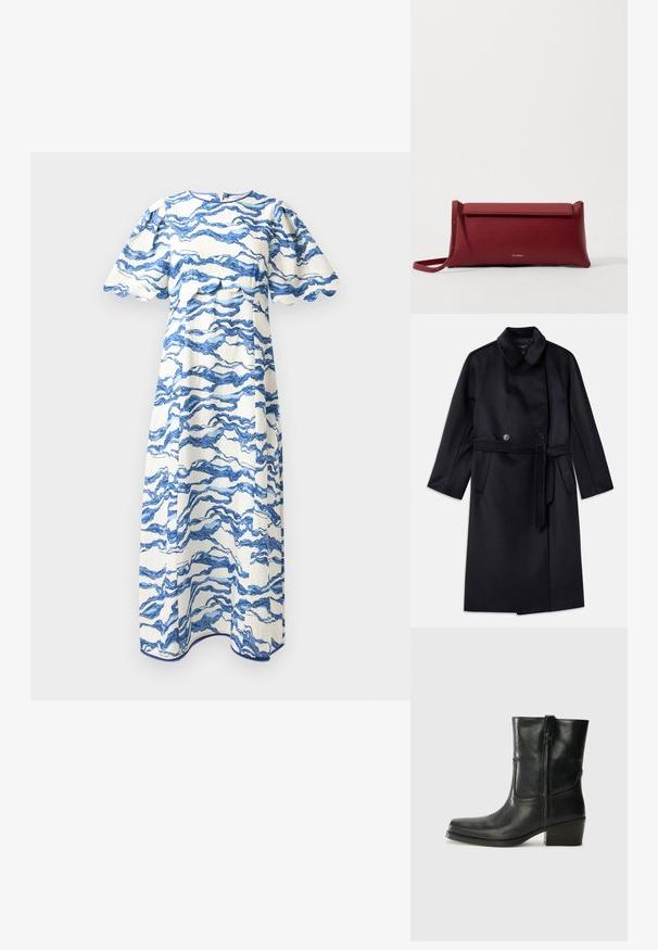 Tengerészkék gyapjú keverék kabát, reveres gallérral, dupla gombolással, övvel ellátott derékkal, oldalsó zsebekkel és középhosszú kialakítással.; Hofmann Copenhagen NERINA - Nappali ruha - sea blue print; Fekete bőr bokacsizma lekerekített orral, blokk sarkúval, oldalsó cipzárral és varrásos díszítéssel az elején. Simább textúra, klasszikus dizájn.; Piros bőr klutcs táska textúrázott felülettel, lapos hajtogatott tetejével és rövid pánttal. Diszkrét márkájú logó elöl.