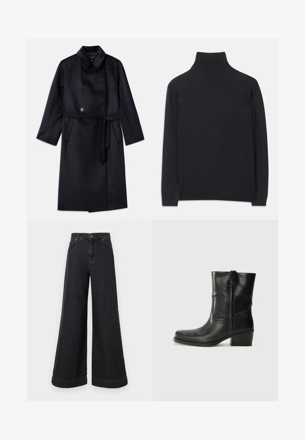 Tumesinine villasegu mantel, millel on kraega kaelus, topelt nööbid, vööga talje, küljetaskud ja keskpaiga disain.; Must zwart pullovers, mis pehmeast kangast. Omab pikki varrukaid, kõrget kaelanupukest ning soonikute äärte ja alläärtega, et tagada mugav istuvus.; Laiadegade mustad teksapüksid kõrge vöökoht, suurte taskutega ja silmapaistva äärega, klassikalise nupuklõppe ja tõmblukuga.; Musta nahast pahkluu saabas ümarate varvastega, plokknäppu, külgsepa ja pealsetel õmblusest aktsentidega. Sile tekstuur, klassikaline disain.