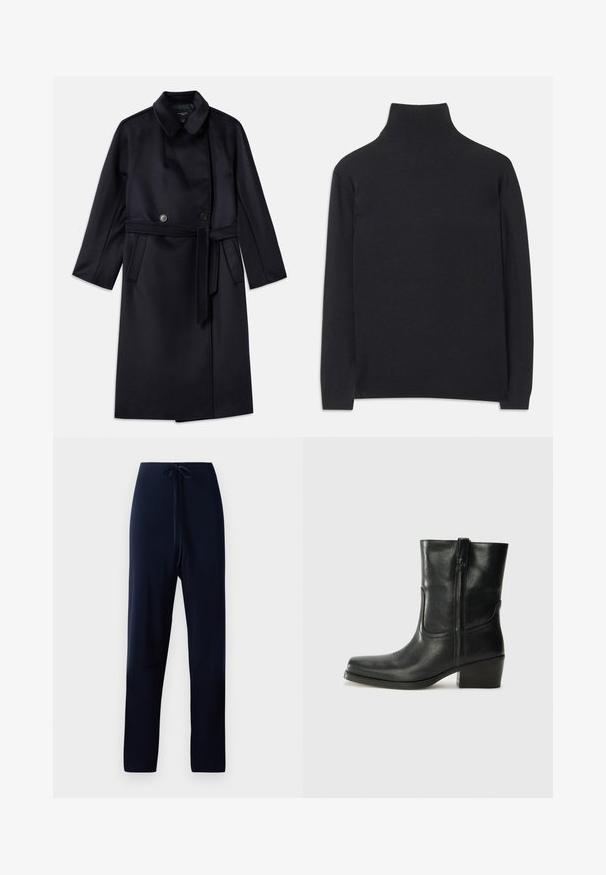 Granatowy płaszcz z wełny z domieszką, z kołnierzem z wyłogami, podwójnymi guzikami, paskiem w talii, bocznymi kieszeniami i średniej długości.; Czarny sweter z golfem wykonany z miękkiego materiału. Posiada długie rękawy, wysoki kołnierz oraz prążkowane mankiety i dół, co zapewnia dopasowany wygląd.; Granatowe spodnie wykonane z miękkiego materiału, z elastycznym pasem, prostymi nogawkami i gładką strukturą bez wzorów czy akcentów.; Czarne skórzane botki za kostkę z okrągłym noskiem, słupkowym obcasem, bocznym zamkiem i przeszyciami na cholewce. Gładka tekstura, klasyczny design.