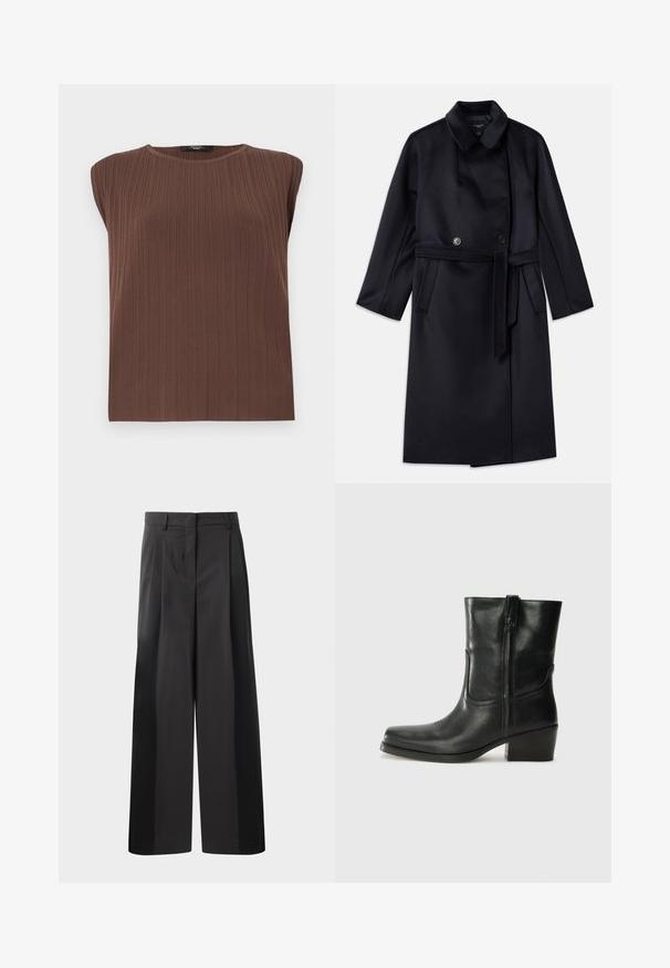 Marineblå uldblandingsfrakke med spidse kraver, dobbeltknaplukning, bælte i taljen, sidelommer og mellemlang design.; Brun ribbet ærmeløs top med rund halsudskæring. Blød tekstur, lige snit og subtile lodrette linjer, der fremhæver stoffets design.; Sort brede bukser med høj talje, med folder foran, en glat tekstur og en skræddermæssig finish. Designet til en afslappet pasform.; Sort læder ankelstøvle med rundt tå, blokhæl, lynlås i siden og stikninger på vampsiden. Glat tekstur, klassisk design.