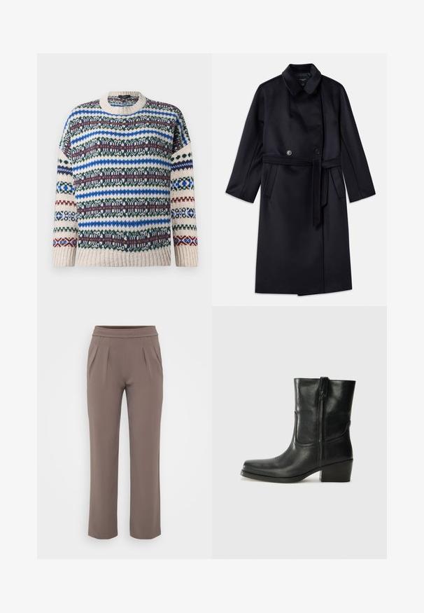 Manteau en mélange de laine bleu marine avec un col à revers, boutons double boutonnage, taille ceinturée, poches latérales et design mi-long.; Pull en tricot à col rond avec des motifs Fair Isle horizontaux multicolores en bleu, vert, bordeaux et beige sur les manches longues et le corps.; Pantalons amples taupe avec taille élastique et plis à l'avant, fabriqués en tissu lisse.; Bottine en cuir noir avec un bout rond, un talon carré, une fermeture éclair sur le côté et des coutures décoratives sur l'empeigne. Texture lisse, design classique.