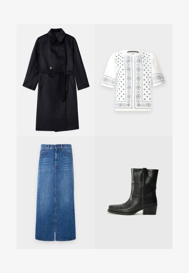 Marineblauwe wollen mix jas met een gekartelde kraag, dubbele knopen, een ceintuur in de taille, zijzakken en een middellange ontwerp.; Witte blouse met korte mouwen, versierd met blauwe bloemenborduursels, een ronde halslijn en complexe patronen langs de voorkant en mouwen.; Denim midi rok in blauw, met een middelste voorkantinsnijding, standaard tailleband met knoopsluiting en twee voorkussens.; Zwarte leren enkellaars met een ronde neus, blokhak, zijrits en stikselaccenten op de wreef. Gladde textuur, klassiek ontwerp.