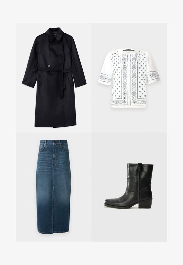 Mornarsko plašč iz volnenega mešanega materiala z izrezanim ovratnikom, dvojno gumbnico, pasom, stranskimi žepi in srednjo dolžino.; Bela bluzica s kratkimi rokavi, okrašena z modrim cvetličnim vezenjem, okroglo ovratnico in zapletenimi vzorci na sprednji strani in rokavih.; Jeans midi krilo v temno indigo barvi, z sprednjim razporkom in rahlim bledenjem. Klasičen dizajn s petimi žepi in zapiranjem na kovinski gumb.; Črne usnjene gležnjarje z zaobljenim nosom, blok peto, stransko zadrgo in šivanjem na vampu. Gladka tekstura, klasična zasnova.