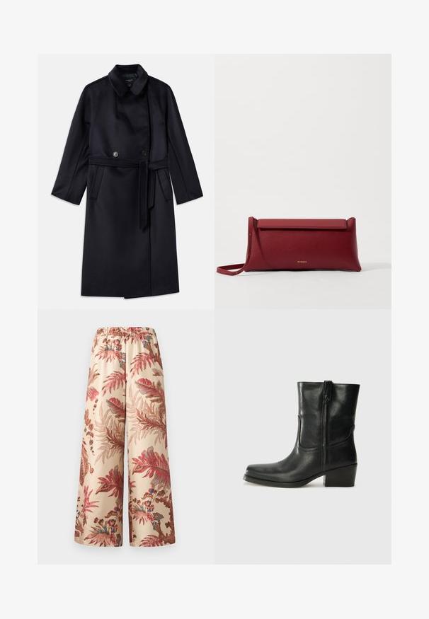 Navy villasekoitus takki, jossa on leikattu kaulus, kaksiriviset napit, vyöllinen vyötärö, sivutaskut ja puolipitkä muotoilu.; Valkoinen lyhythihainen paita, jossa on sinisiä kukkakirjontoja, pyöreä pääntie ja monimutkaiset kuviot edessä ja hihoissa.; Lepas lebar dalam kain beige terang, menampilkan pola bunga dalam warna merah jambu, merah, dan biru, dilengkapi dengan pinggang elastik.; Musta nahkasaapas nilkkamittaisella varrella, pyöreällä kärjellä, lohkarekorolla, sivuvetoketjulla ja ompeluaksentilla varren yläosassa. Suora pinta, klassinen muotoilu.; Punainen nahkainen clutch-muoti, jossa on teksturoitu pinta, litteä taittopäällinen ja lyhyt hihna. Hienovarainen brändilogo edessä.